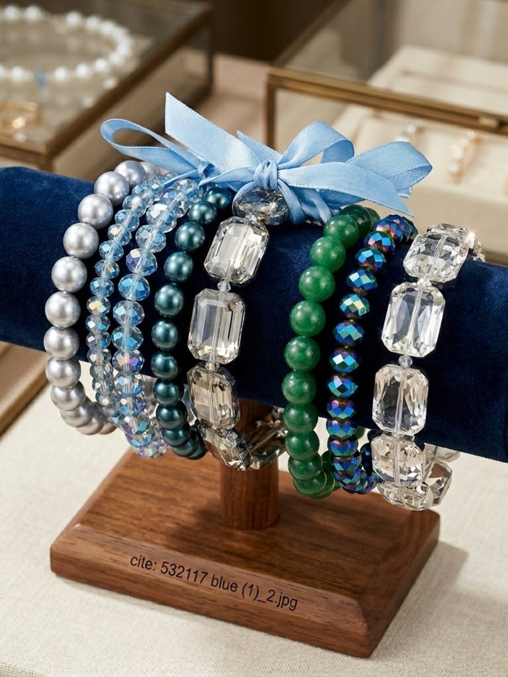 Ali Khan 8pc Multi-Color Beaded Stretch Bracelet Set - Blue & Green Crystal